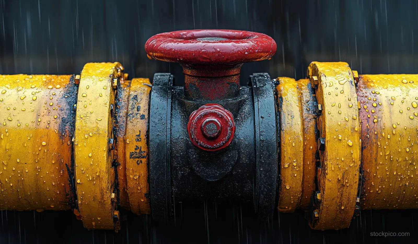 Red valve handle mounted on a yellow flanged gas pipeline pipe with bolts and textured metal surface.