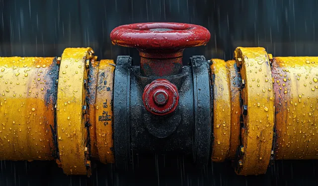 Red valve handle mounted on a yellow flanged gas pipeline pipe with bolts and textured metal surface.