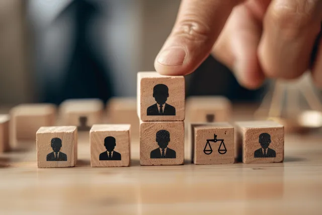 Hand places a worker icon block while compliance symbols stand behind in office setting