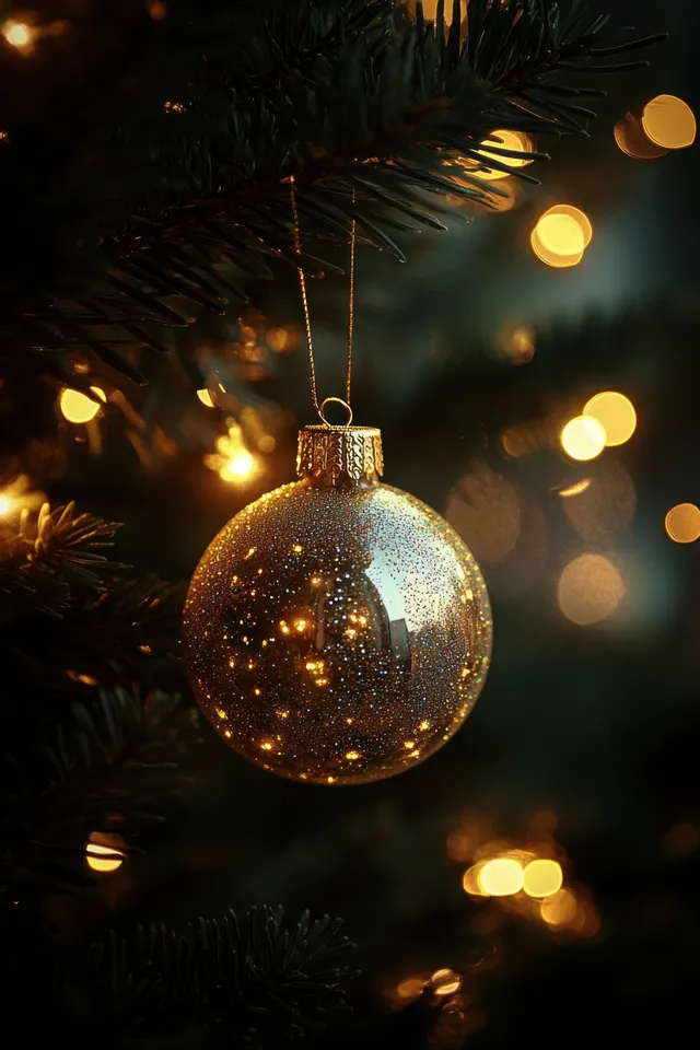 A golden glitter Christmas bauble hangs on pine needles with warm bokeh lights behind it.