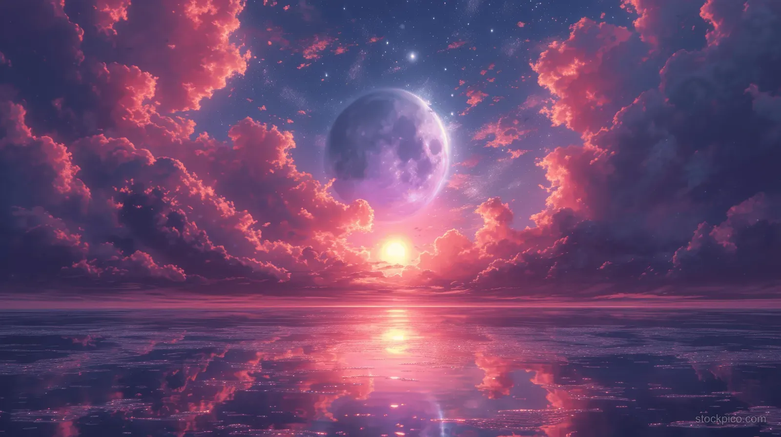 A glowing moon and star-filled sky reflect on a calm lake beneath vivid pink clouds.