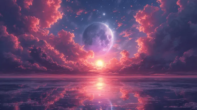 发光的月亮和布满星星的天空倒映在宁静的湖面上，头顶是鲜艳的粉色云彩。