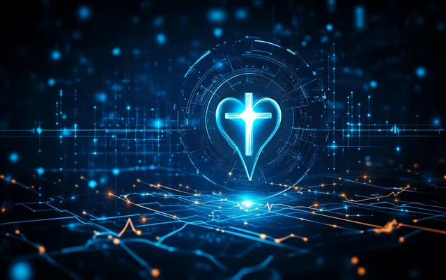 Glowing heart with cross at center of blue digital network interface, neon data lines