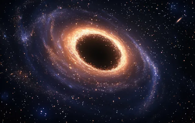 Black hole surrounded by swirling galaxies, glowing ring, and scattered stars in deep space.