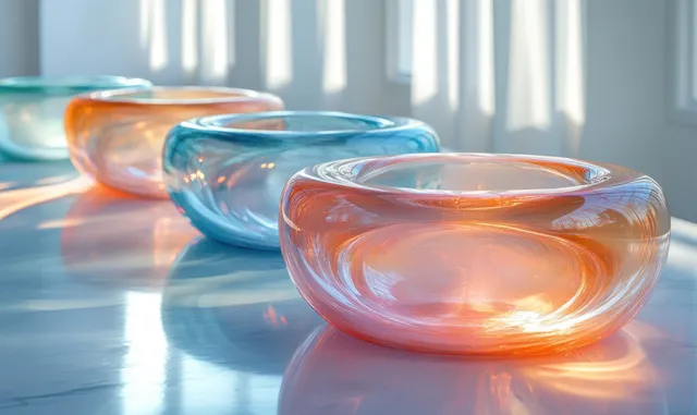 Glass rings floating on reflective surface with pastel blue purple gradient glow