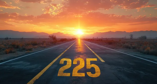 An empty desert road with yellow lane markings and the number 225 stretches toward glowing sunset mountains.