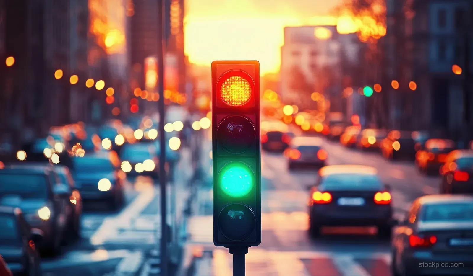 Green traffic light glows at a city crossroad while cars streak past in blurred sunset traffic.
