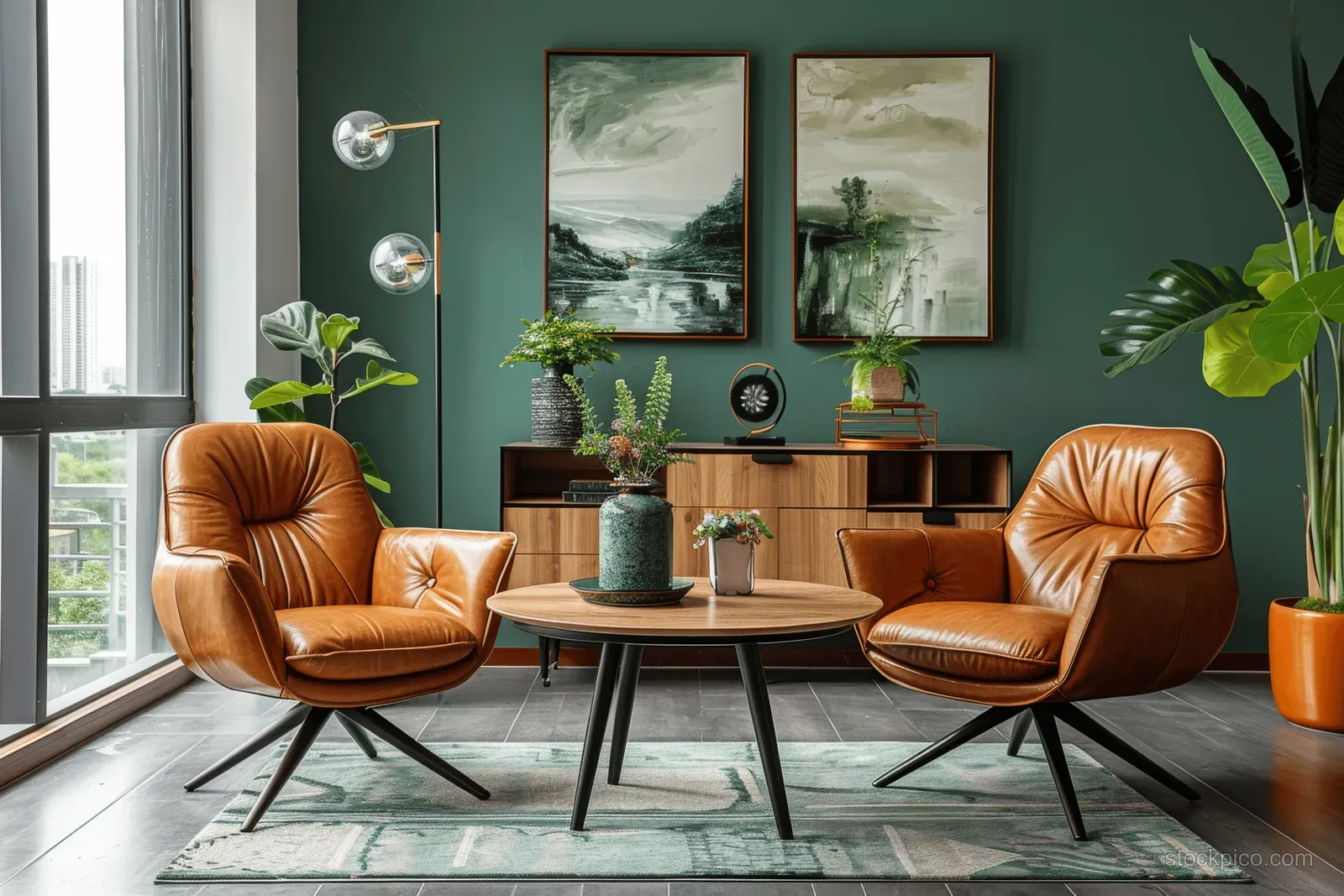 Two brown leather swivel chairs face a round table in a green Scandinavian dining room with framed paintings and a cabinet.