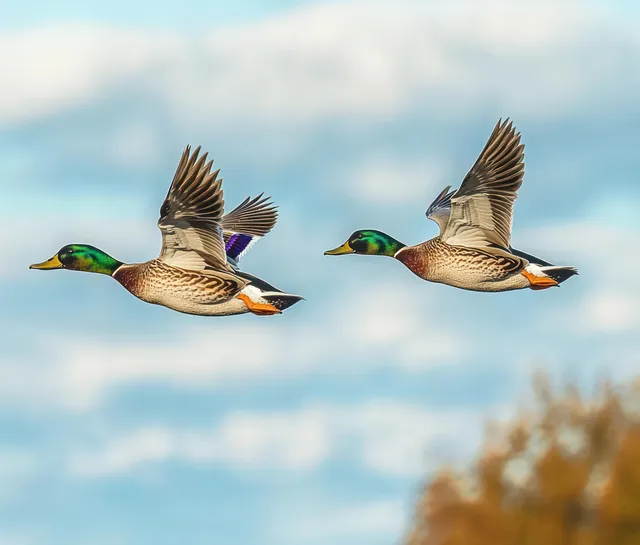 Two mallard ducks fly in formation with wings spread against a cloudy blue sky above blurred foliage.
