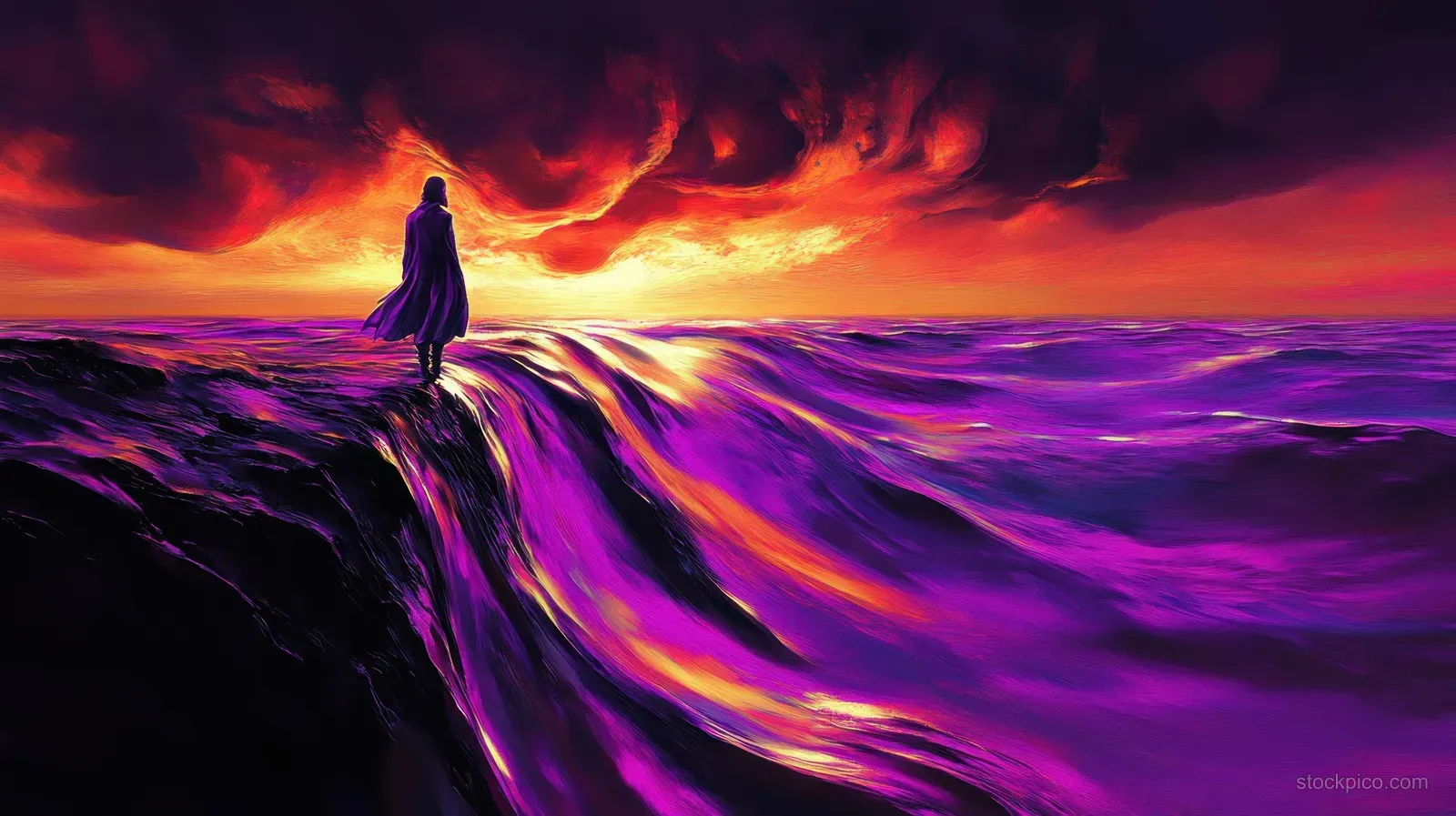 Silhouette of a person stands on a rocky cliff while purple-orange ocean waves roar under a fiery sunset sky.