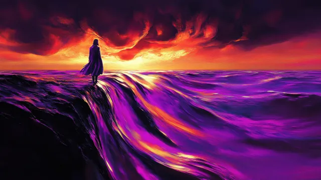 Silhouette stands on a rocky cliff facing fiery purple-orange ocean waves at sunset