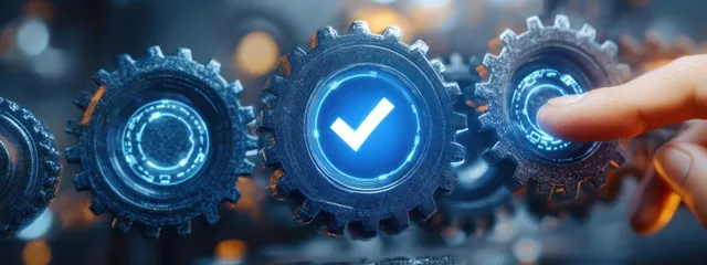 Interconnected metallic gears glow with blue digital checkmark as a hand reaches toward a connected gear.