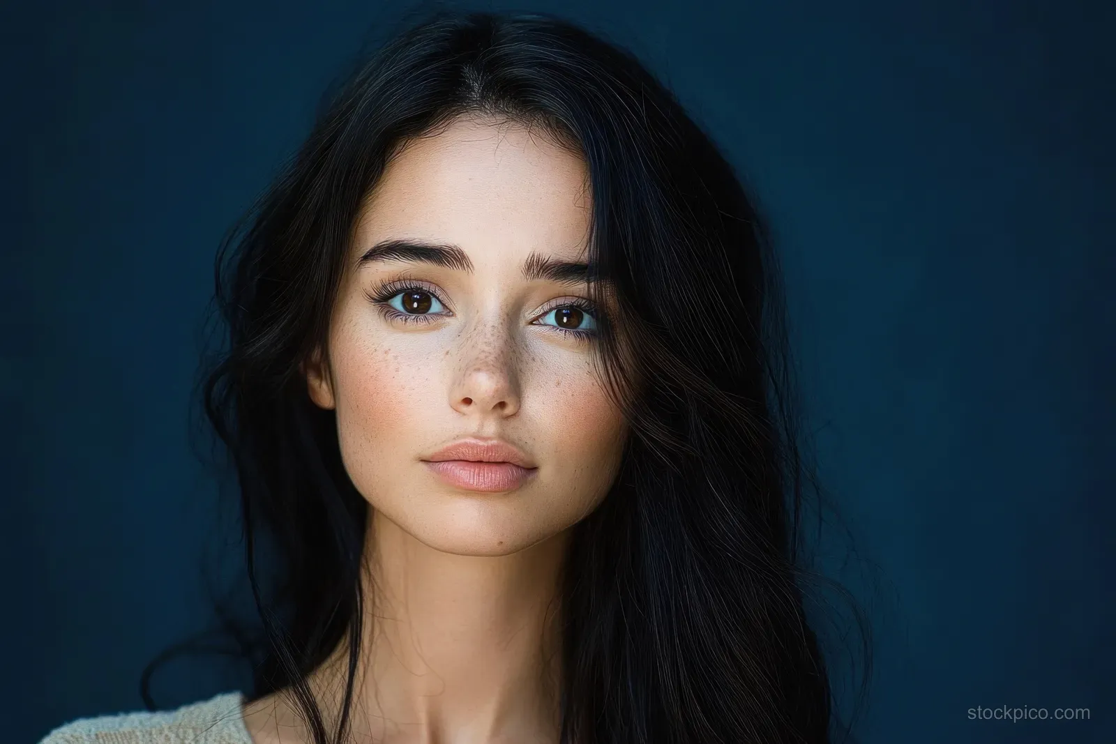 Young woman with freckles and long dark hair looks calmly into the camera against a dark blue background.