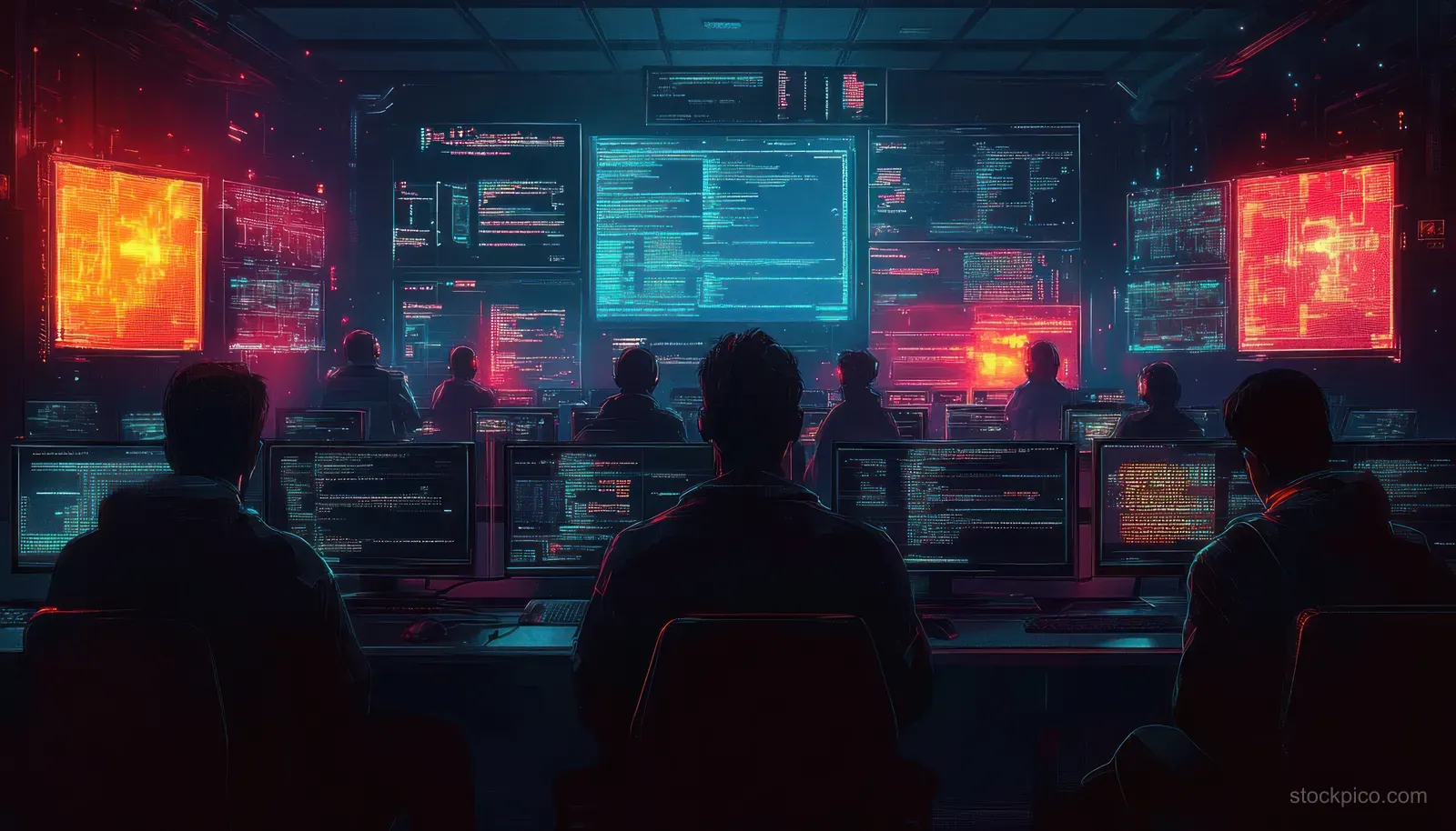 Silhouetted employees attend a cybersecurity training briefing with glowing monitors showing threat dashboards in a dark room.