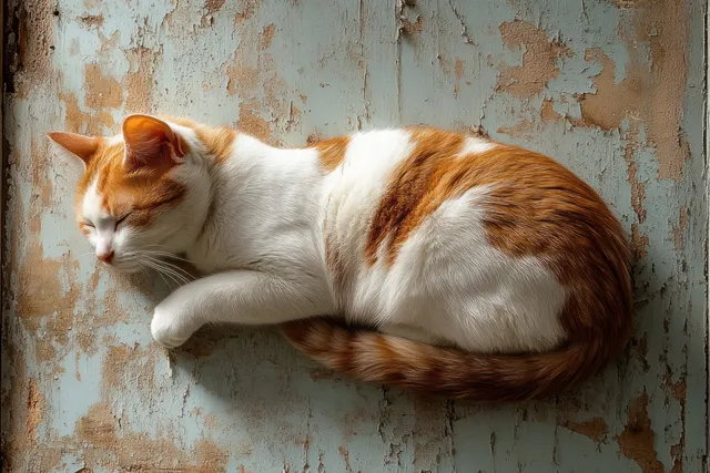 Orange and white cat sleeping curled against a weathered wall with peeling blue paint.