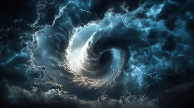 A tornado vortex spins in a dark storm sky with blue lightning branching through heavy clouds.
