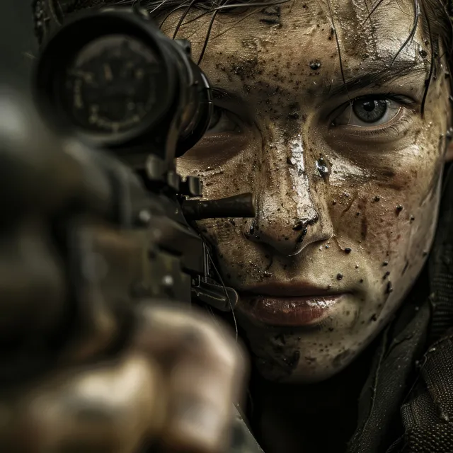 A concentrated German rifle shooter aiming at a 50m range with a blurred background and visible rifle gear.