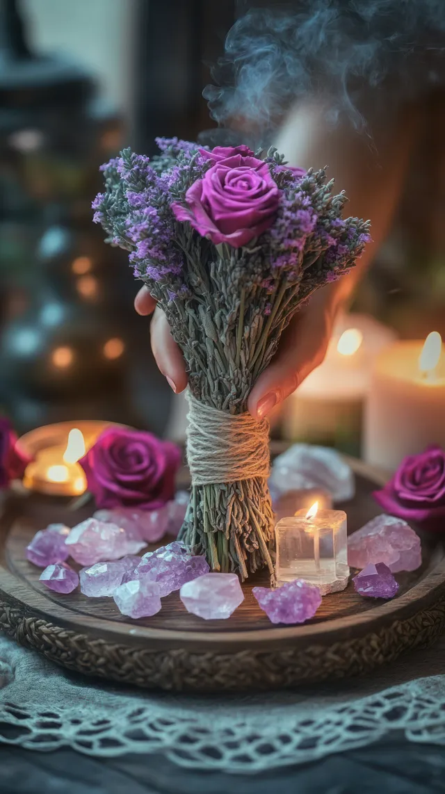 Hand holding a smoldering lavender and purple rose bundle on a tray with glowing candles and violet crystals.