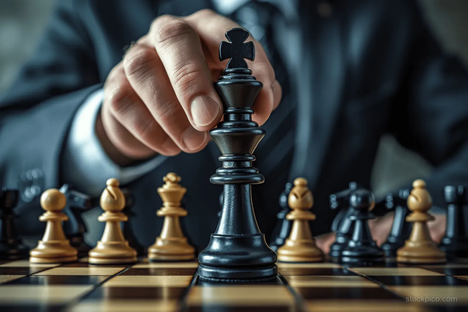 A suited man’s hand moves a black chess knight on a chessboard with other pieces in view.