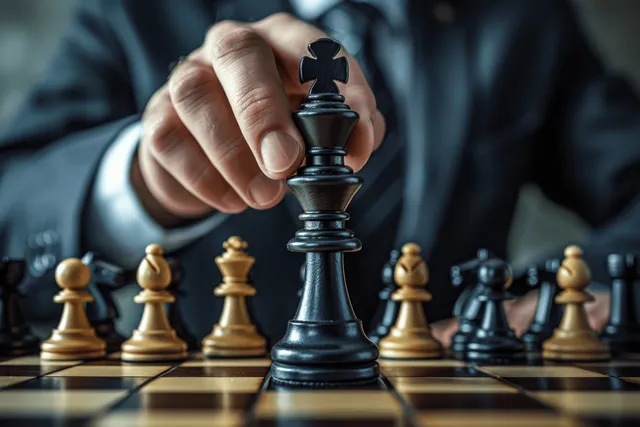 Businessman hand moves black chess knight on board with blurred pieces behind