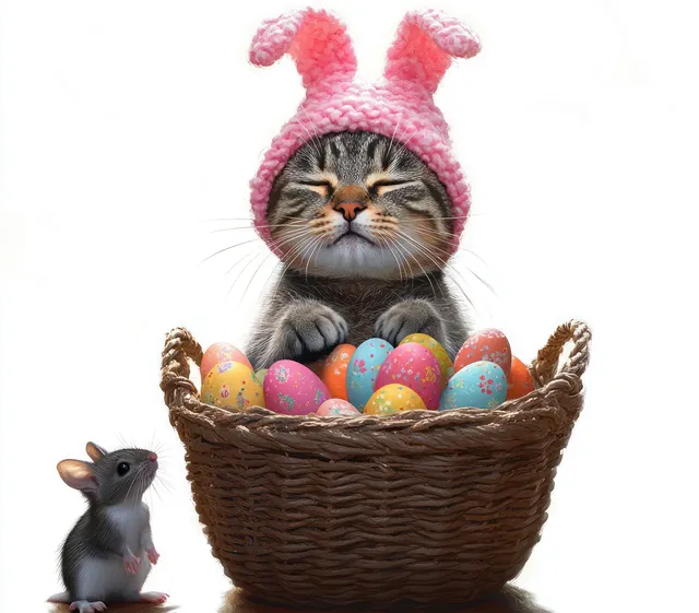 Striped kitten wearing pink bunny ears sits in a wicker basket of colorful Easter eggs while a mouse looks up.