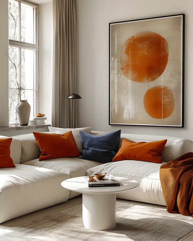 Minimalist living room scene with beige sofa, orange pillows, round white coffee table, and abstract art by a window.