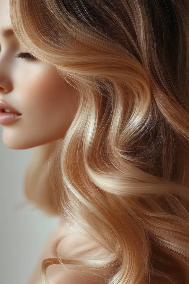 Close-up of serene blonde woman with eyes closed and flowing wavy hair in soft light