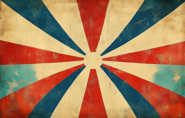 Distressed retro sunburst rays radiate outward in red, blue, and beige stripes from a central circle.