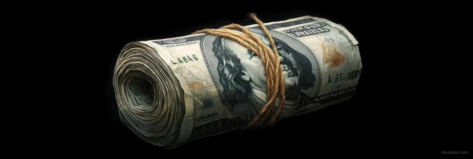 Rolled worn hundred-dollar bills tied with rough brown string on a dark black background.