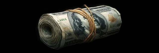 Rolled bundle of worn hundred-dollar bills tied with rough string on a black background