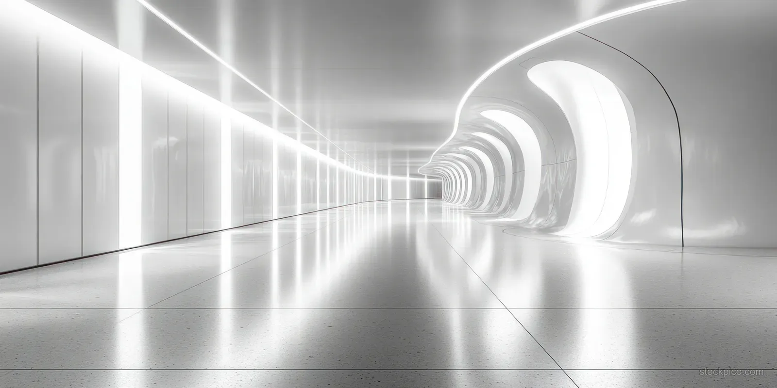 A glowing white futuristic corridor with metallic walls and a triangle-shaped tunnel leading into the distance.