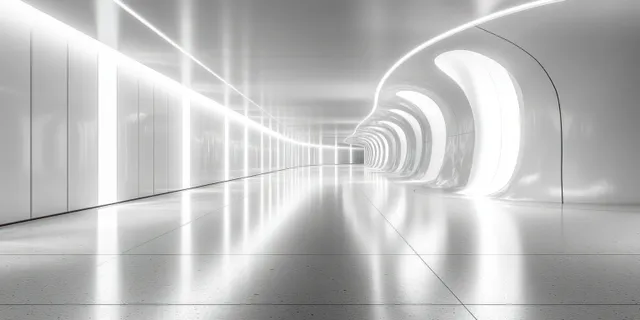 A glowing white futuristic corridor with metallic walls and a triangle-shaped tunnel leading into the distance.