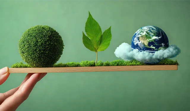 Hand Balancing Wooden Plank with Earth Model, Bush, and Leaf