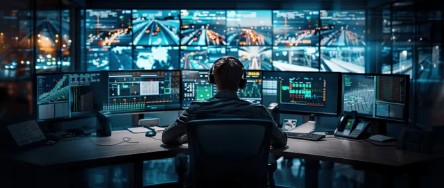 Engineer monitors futuristic traffic management screens in a high-tech control room at night