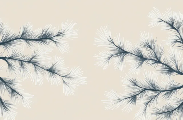 Frosted blue and white pine branches stretch from left and right edges on a soft beige background.