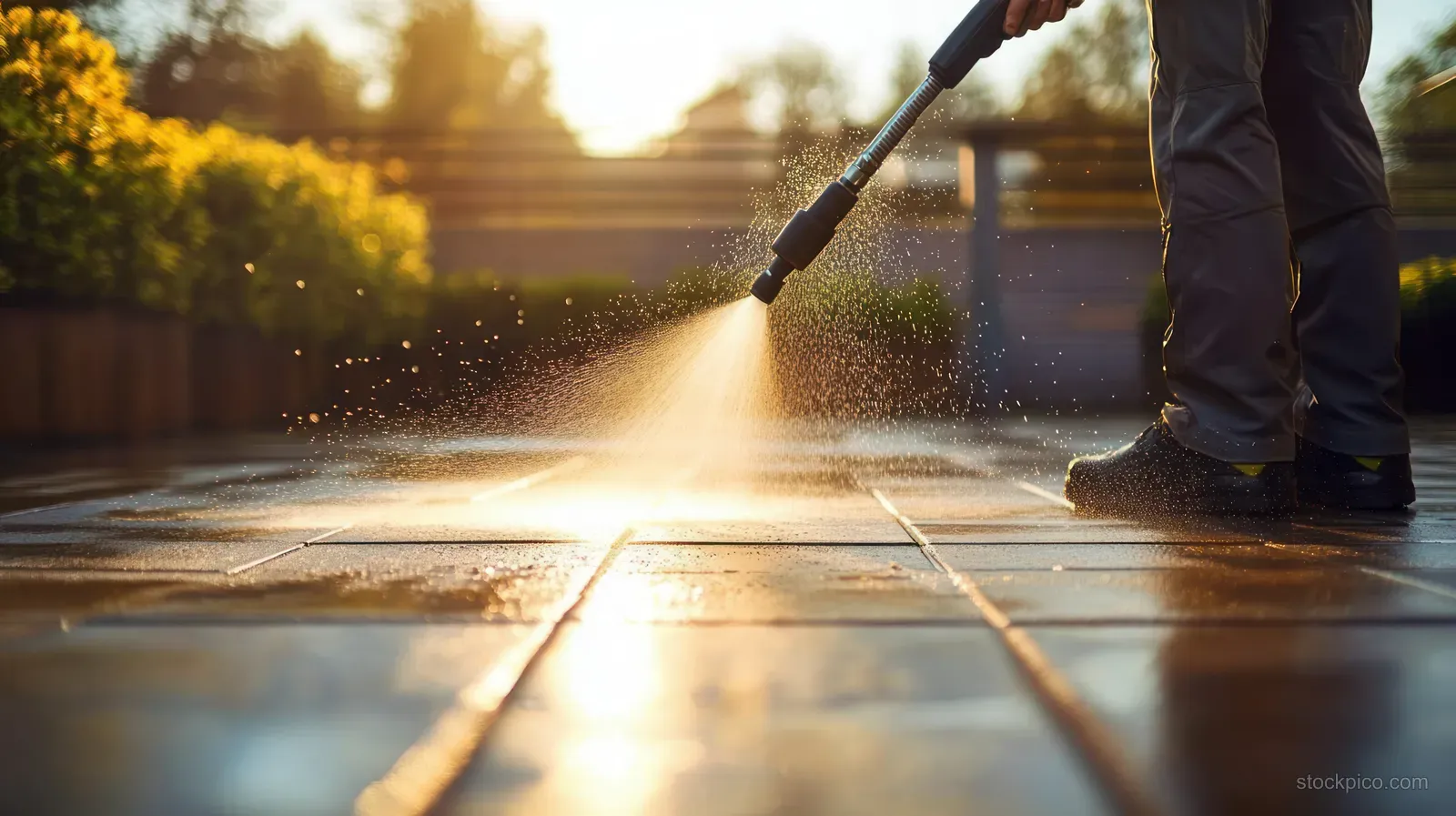 A man power-washes a patio wooden floor while water jets splash across the wet boards in golden hour light.