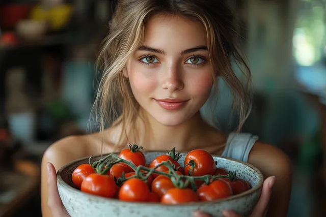 Smiling young woman holding bowl of cherry tomatoes indoors