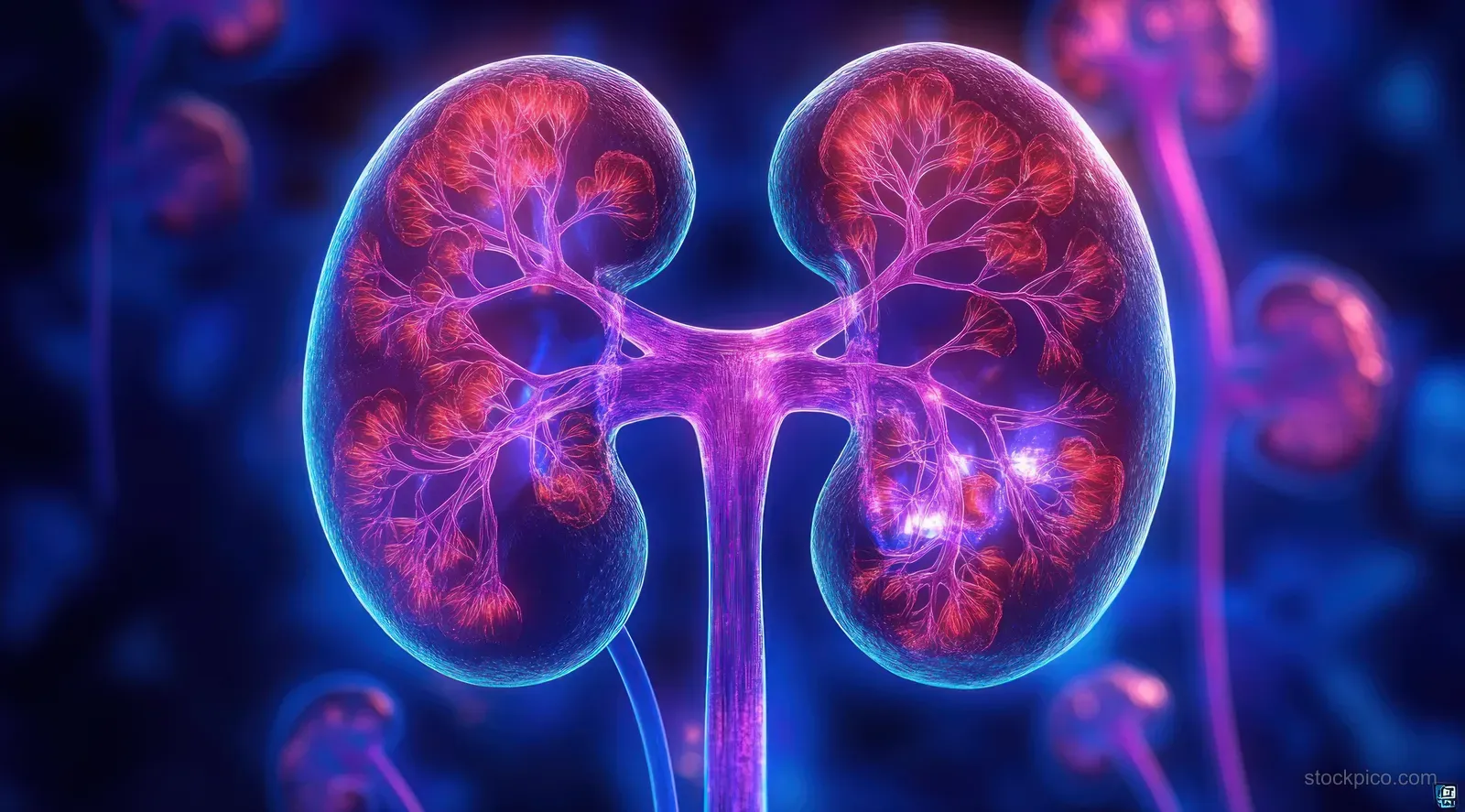 Two human kidneys float against a dark blue background, with glowing red blood vessels and urinary structure details.
