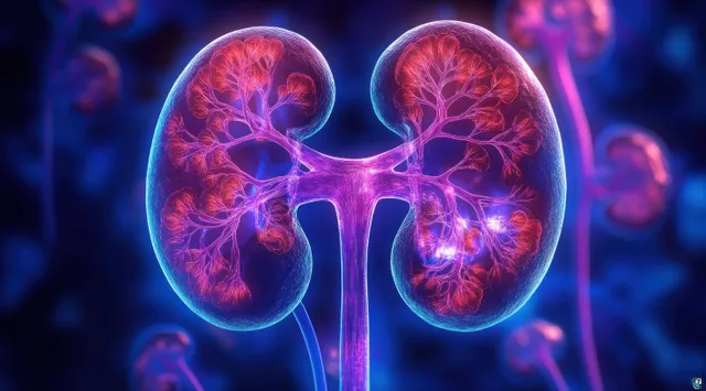 Two human kidneys float against a dark blue background, with glowing red blood vessels and urinary structure details.