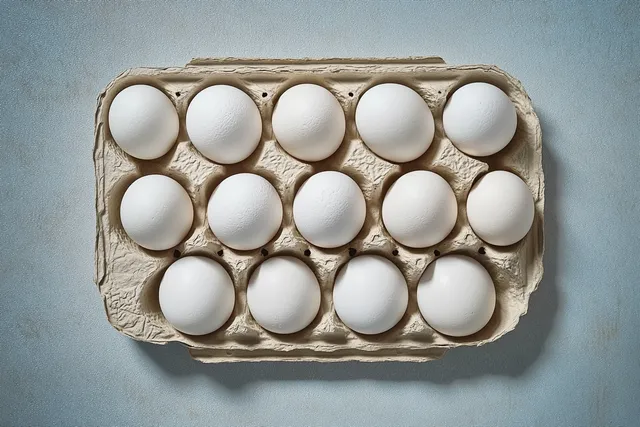 Dozen white eggs in beige carton on light blue textured surface, top view