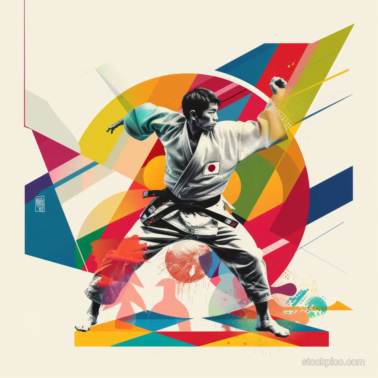 Illustrated male judoka mid-throw with Japanese flag colors and vibrant geometric background shapes.