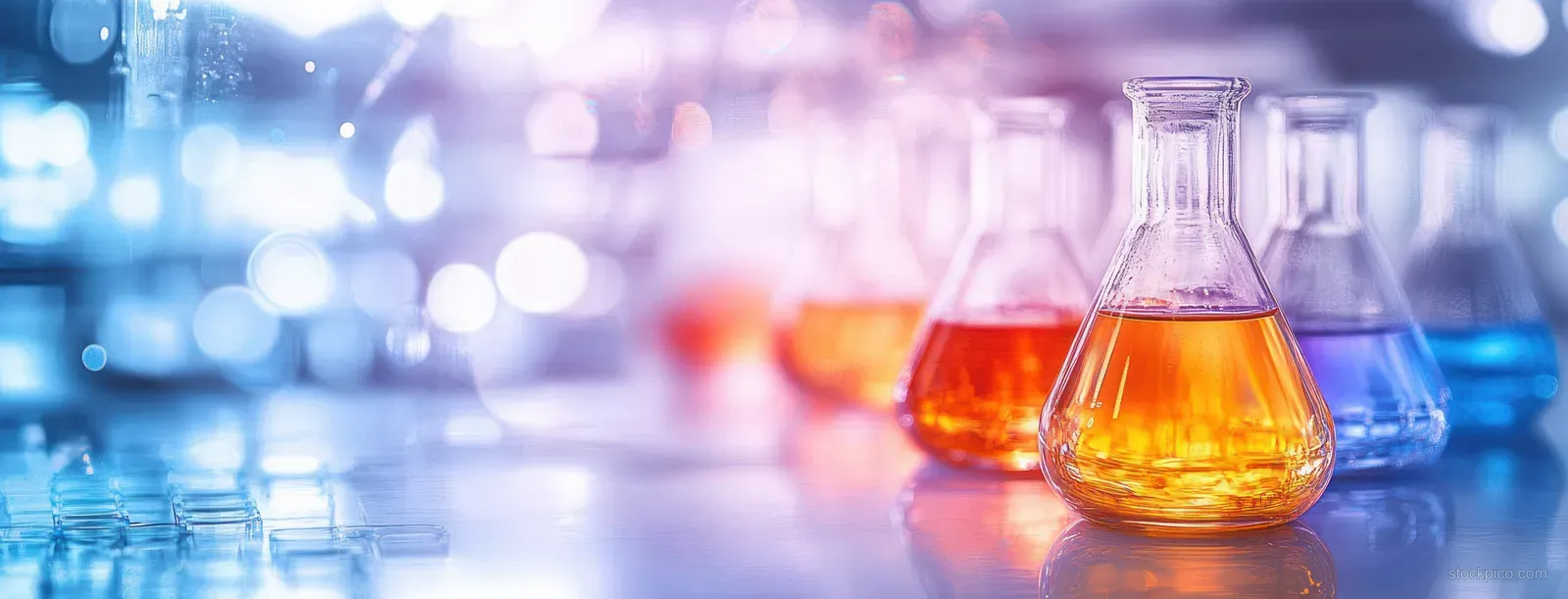 Orange and blue liquid-filled laboratory flasks arranged on a reflective surface with bright blurred bokeh lights behind them.