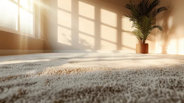Bright, elegant room with a soft beige carpet and contemporary lighting, illuminated by warm sunlight through the windows.