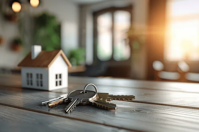 House keys and a miniature white home model lie on a desk in a bright office.