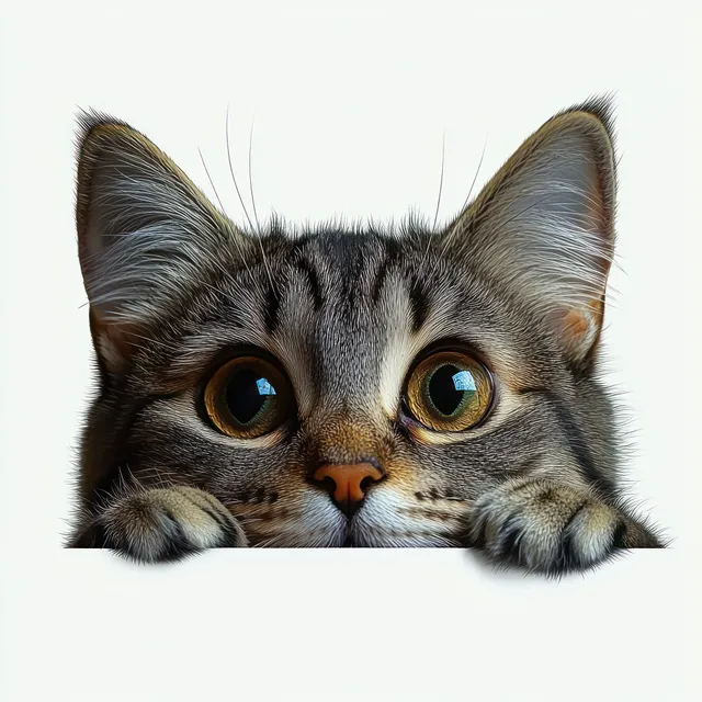 A curious tabby cat with big round eyes and visible paws peeks over a surface, showcasing a playful and inquisitive expression.