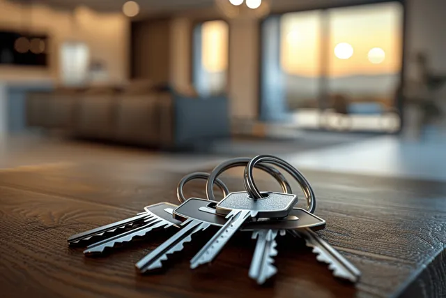 Apartment keys on wooden table inside bright living room near sliding doors