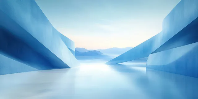 Symmetrical blue corridor architecture reflecting on calm water under a soft sunrise with misty mountains in the distance.