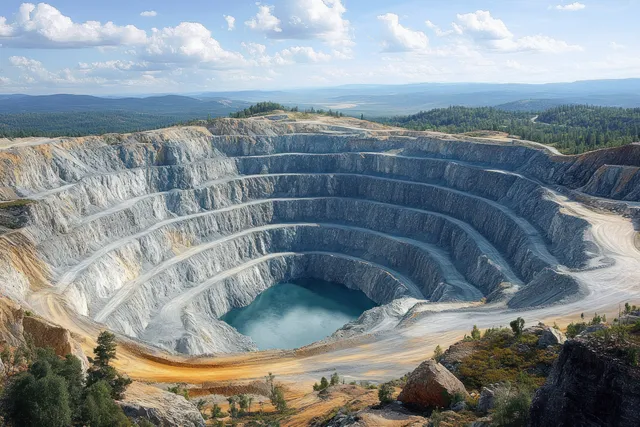 Terraced open-pit mine with exposed rock benches and a turquoise water pool below