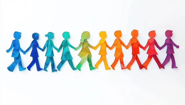 Rainbow row of paper cut-out people holding hands, linked chain unity on white background