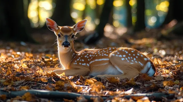 A young spotted deer fawn rests on autumn leaves in a sunlit forest with blurred trees behind it.